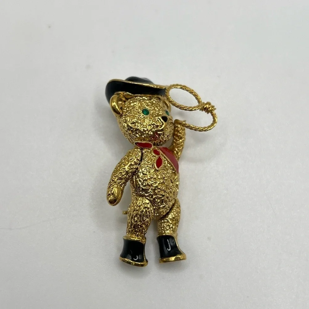 Vintage BATVA Articulated Teddy Bear Cowboy Brooch Pendant